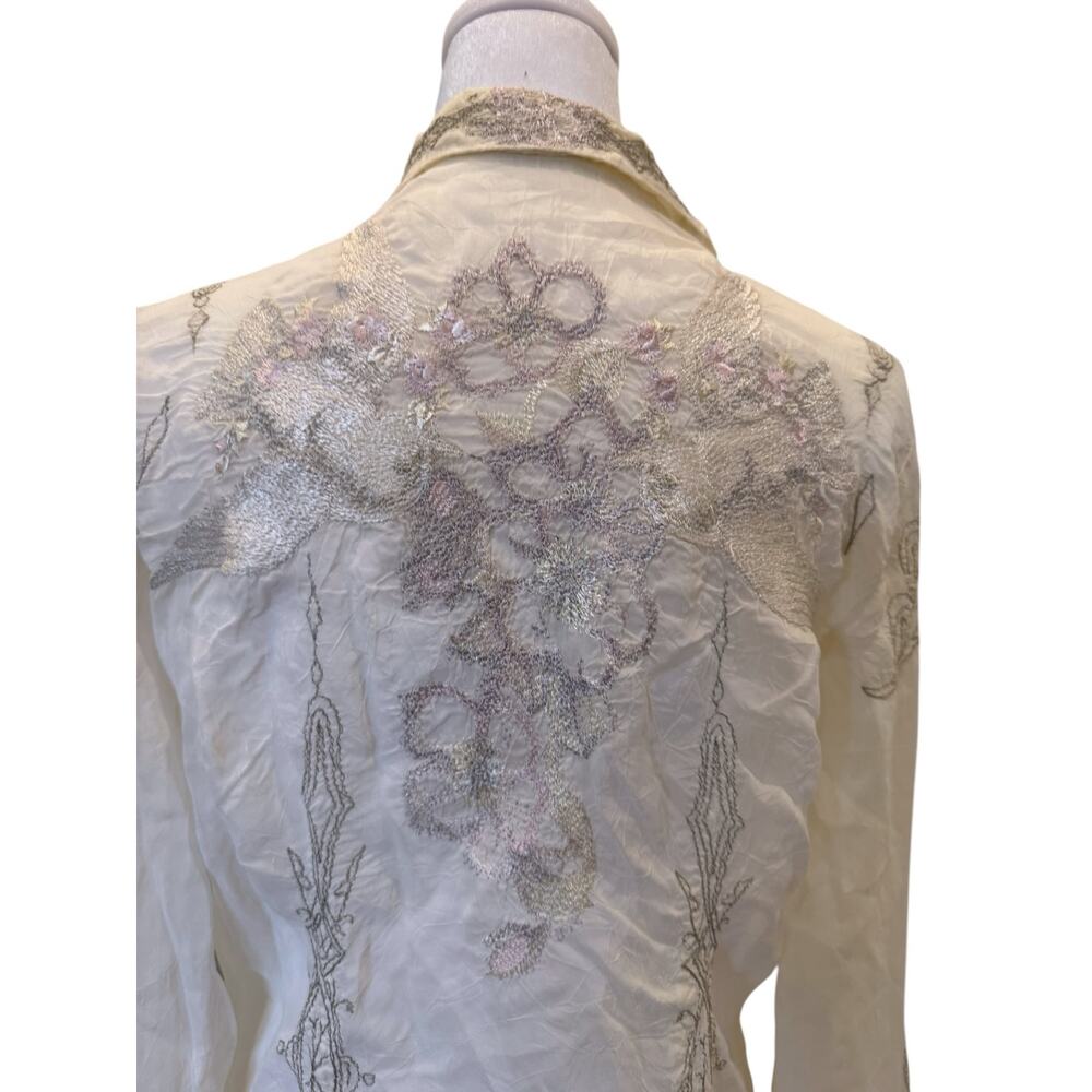 JOHNNY WAS Cream Silk Embroidered Crinkle Button-Down Blouse Medium EUC - Picture 4 of 5